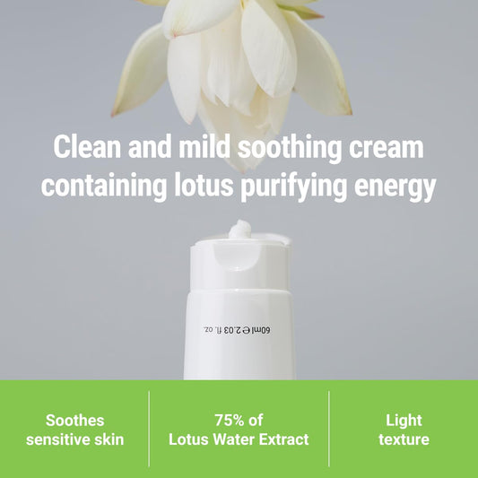 Calming Lotus Water Cream - Lightweight Moisturizer Face Cream for Oily, Combination Skin | 75% Lotus Water Extract for Skin Purifying, Anti-Aging | Vegan Korean Skincare (2.03 Fl Oz, 60Ml)